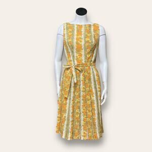VTG 70s Floral Fit & Flare Dress | Yellow Orange Sleeveless